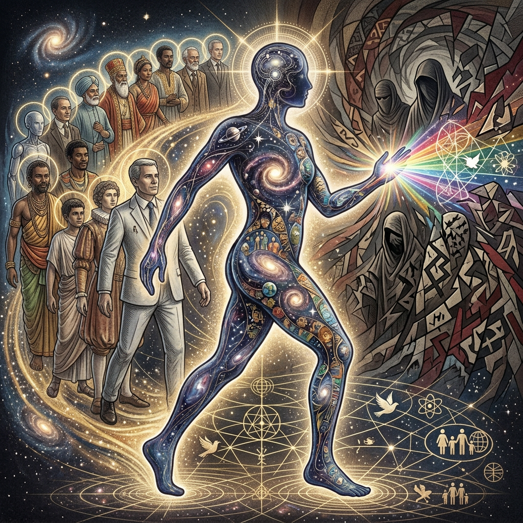 Cosmic human silhouette filled with stars, planets, and swirling celestial patterns